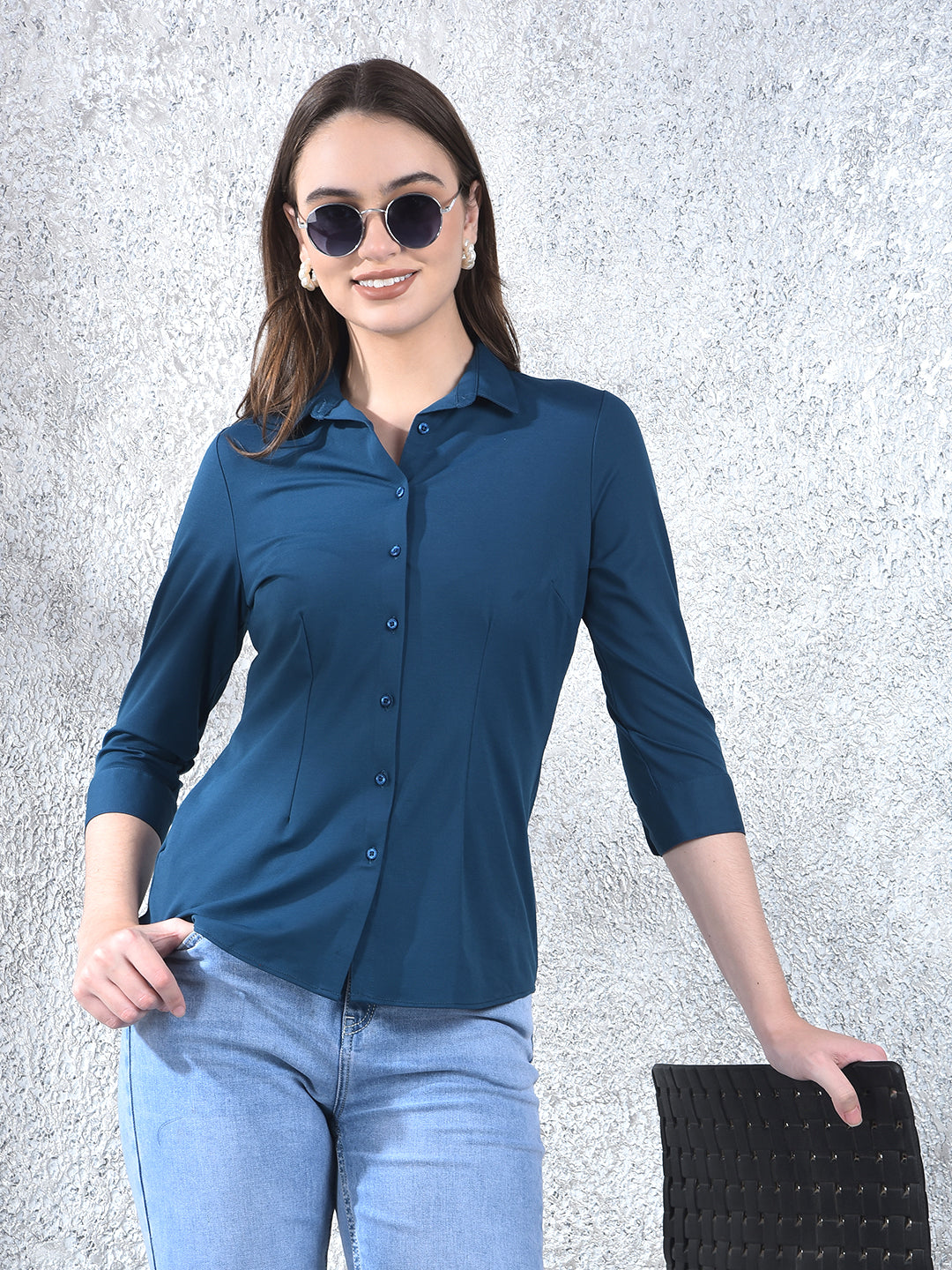 Teal Maven Tailored Shirt-Women Shirts-Crimsoune Club