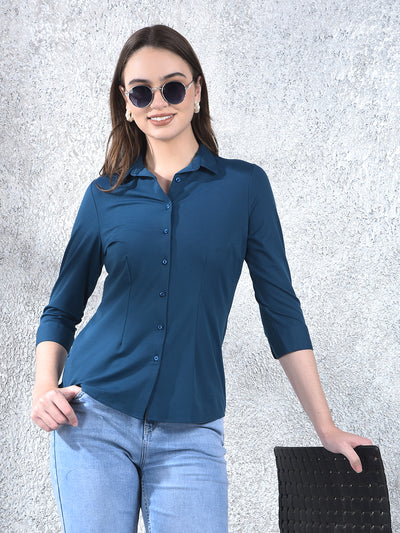 Teal Maven Tailored Shirt-Women Shirts-Crimsoune Club