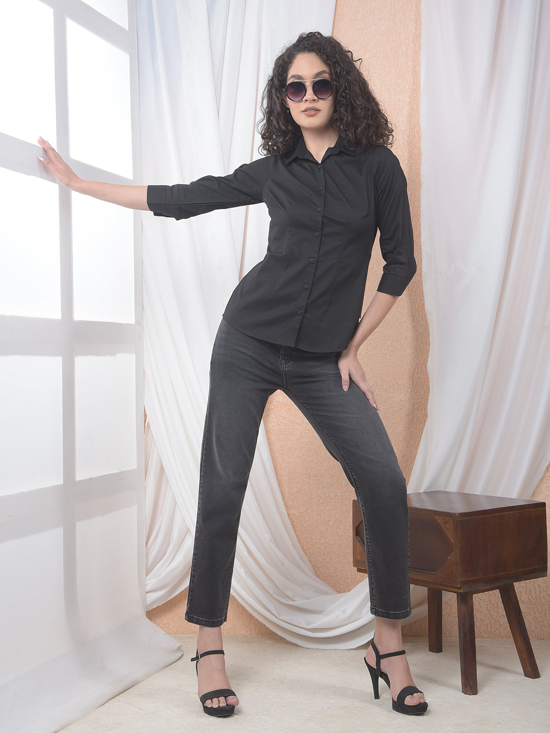 Jet Black Classic Formal Shirt-Women Shirts-Crimsoune Club