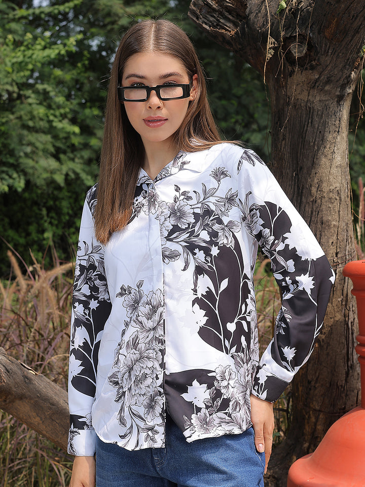 Black Floral Print Shirt-Women Shirts-Crimsoune Club