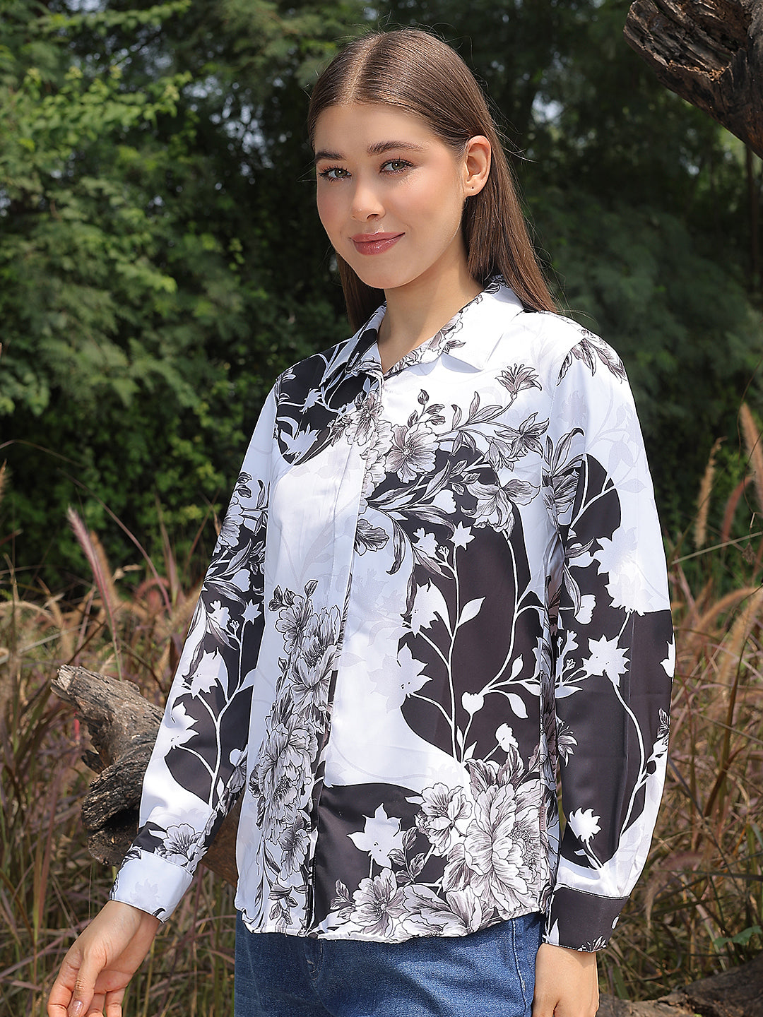 Black Floral Print Shirt-Women Shirts-Crimsoune Club