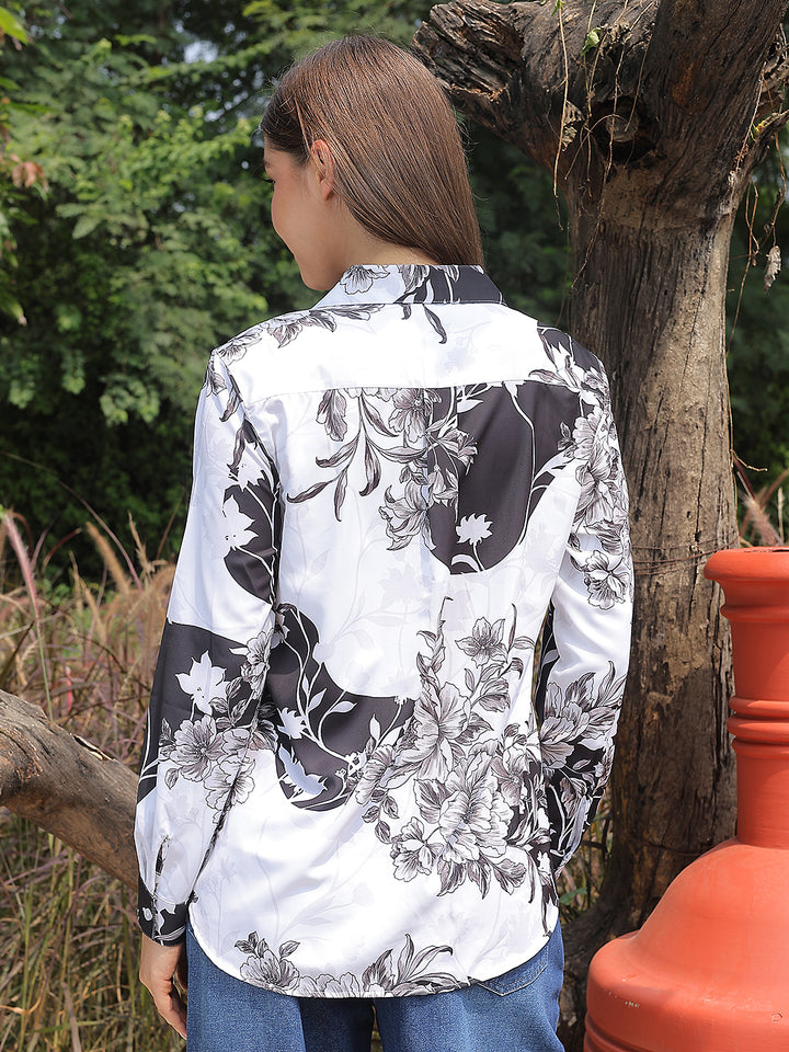Black Floral Print Shirt-Women Shirts-Crimsoune Club