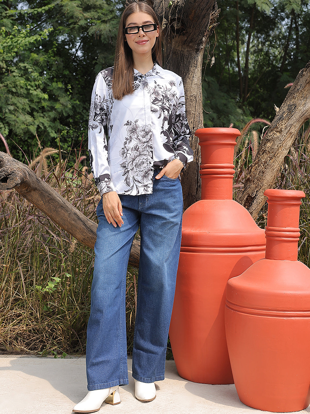 Black Floral Print Shirt-Women Shirts-Crimsoune Club