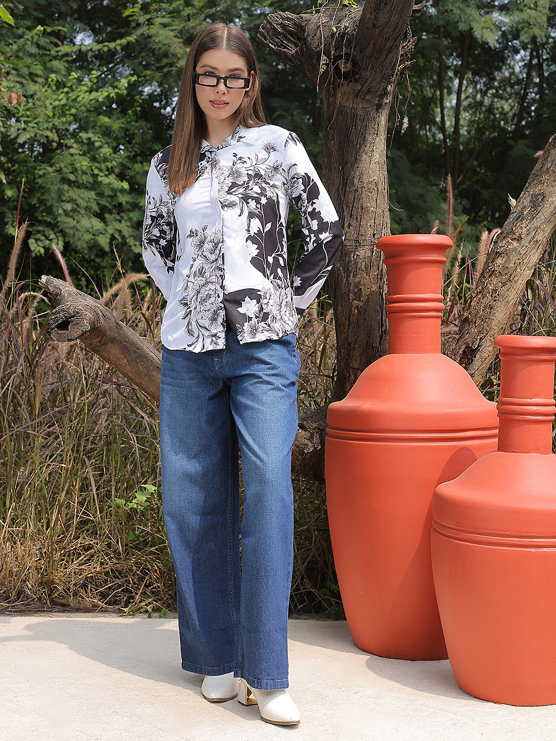 Black Floral Print Shirt-Women Shirts-Crimsoune Club