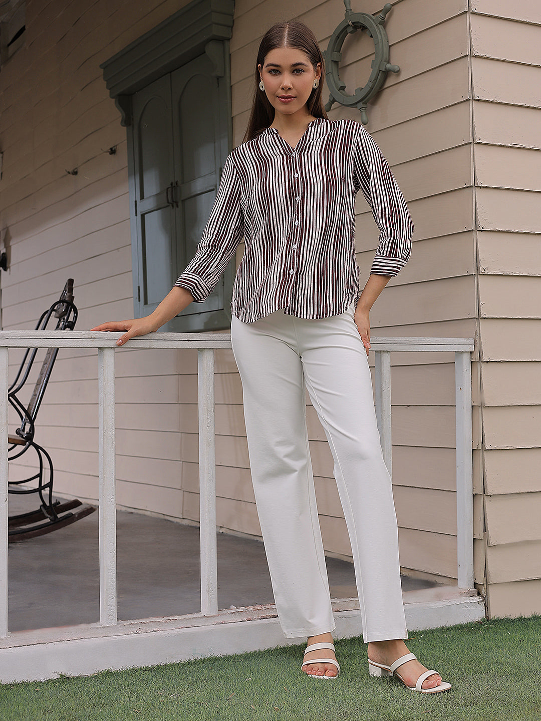 Maroon Vertical Striped 100% Cotton Shirt-Women Shirts-Crimsoune Club