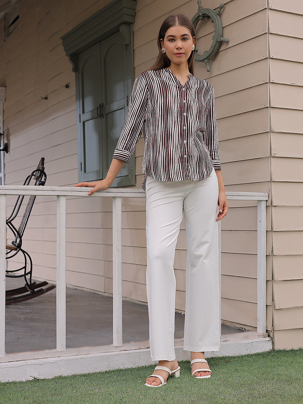 Maroon Vertical Striped 100% Cotton Shirt-Women Shirts-Crimsoune Club