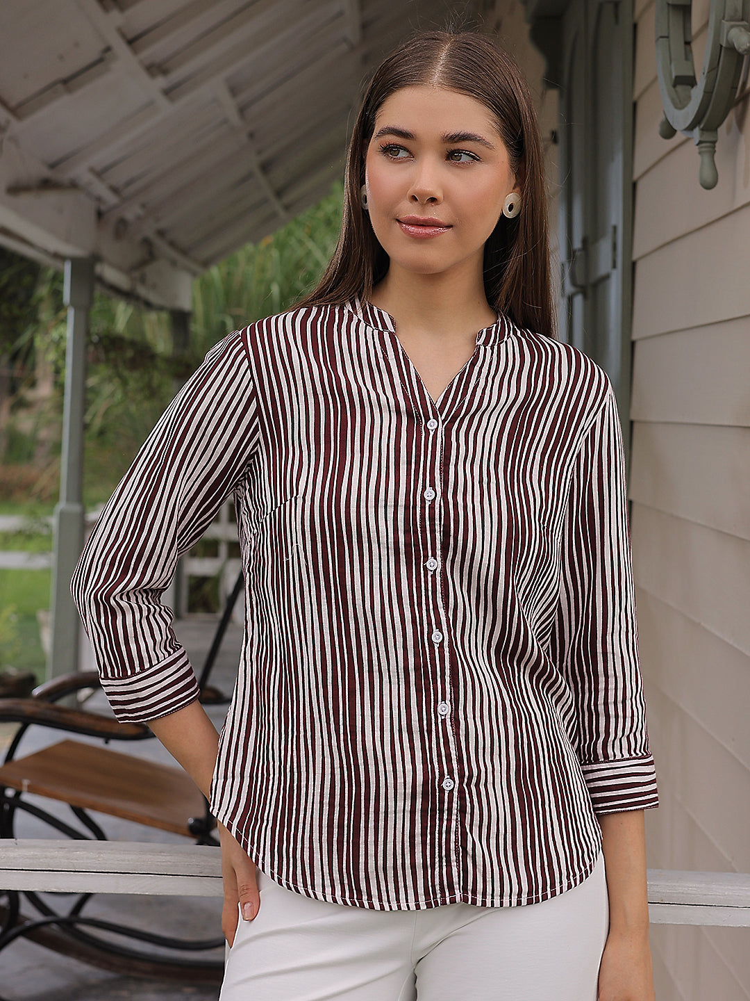 Maroon Vertical Striped 100% Cotton Shirt-Women Shirts-Crimsoune Club
