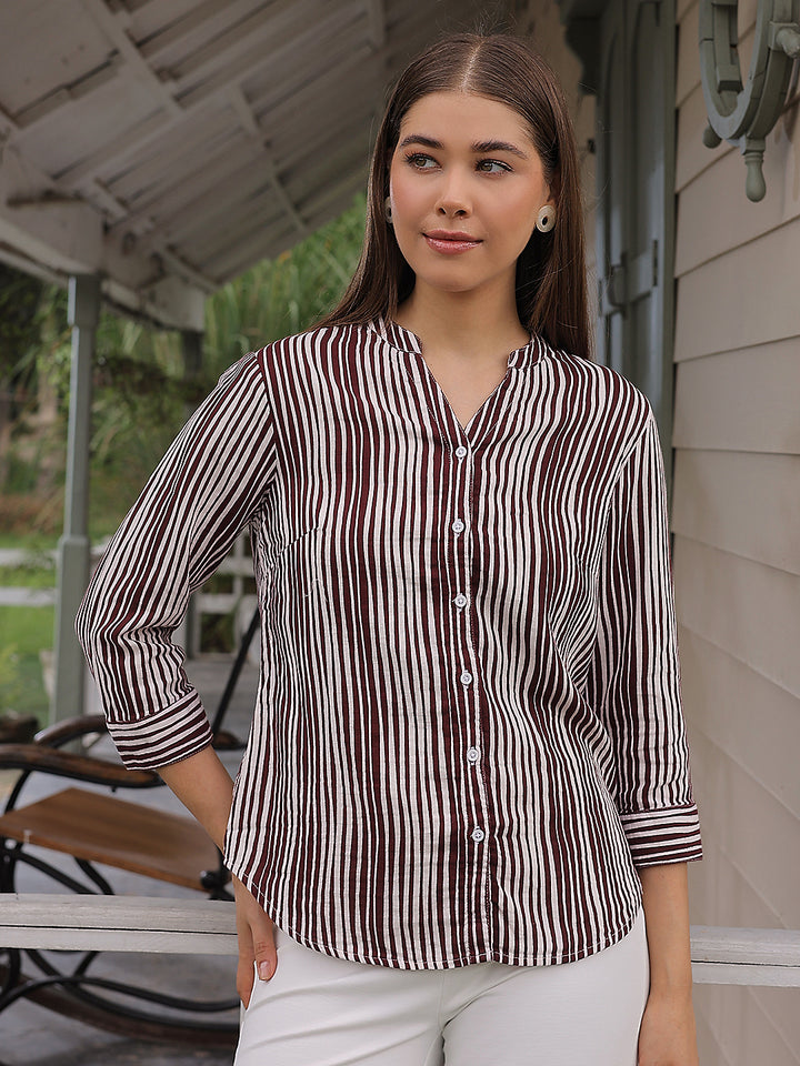 Maroon Vertical Striped 100% Cotton Shirt-Women Shirts-Crimsoune Club