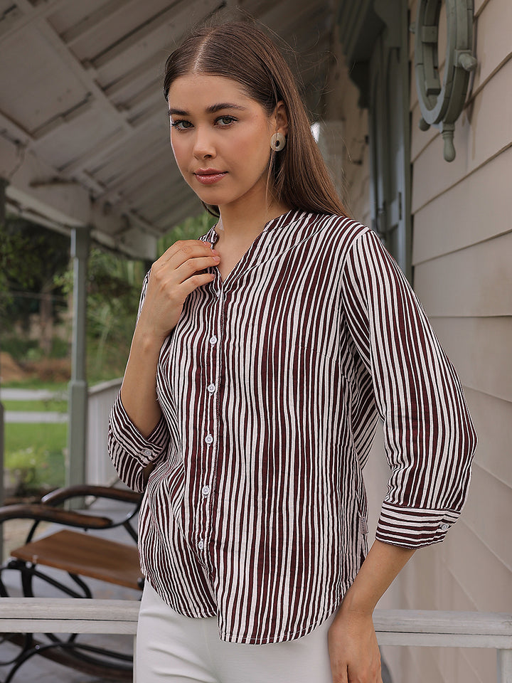 Maroon Vertical Striped 100% Cotton Shirt-Women Shirts-Crimsoune Club