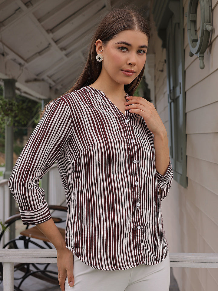 Maroon Vertical Striped 100% Cotton Shirt-Women Shirts-Crimsoune Club