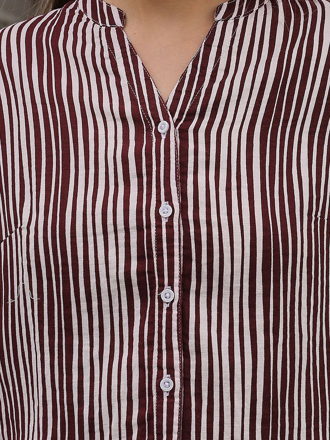 Maroon Vertical Striped 100% Cotton Shirt-Women Shirts-Crimsoune Club