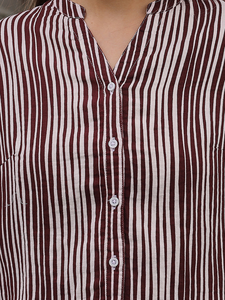Maroon Vertical Striped 100% Cotton Shirt-Women Shirts-Crimsoune Club