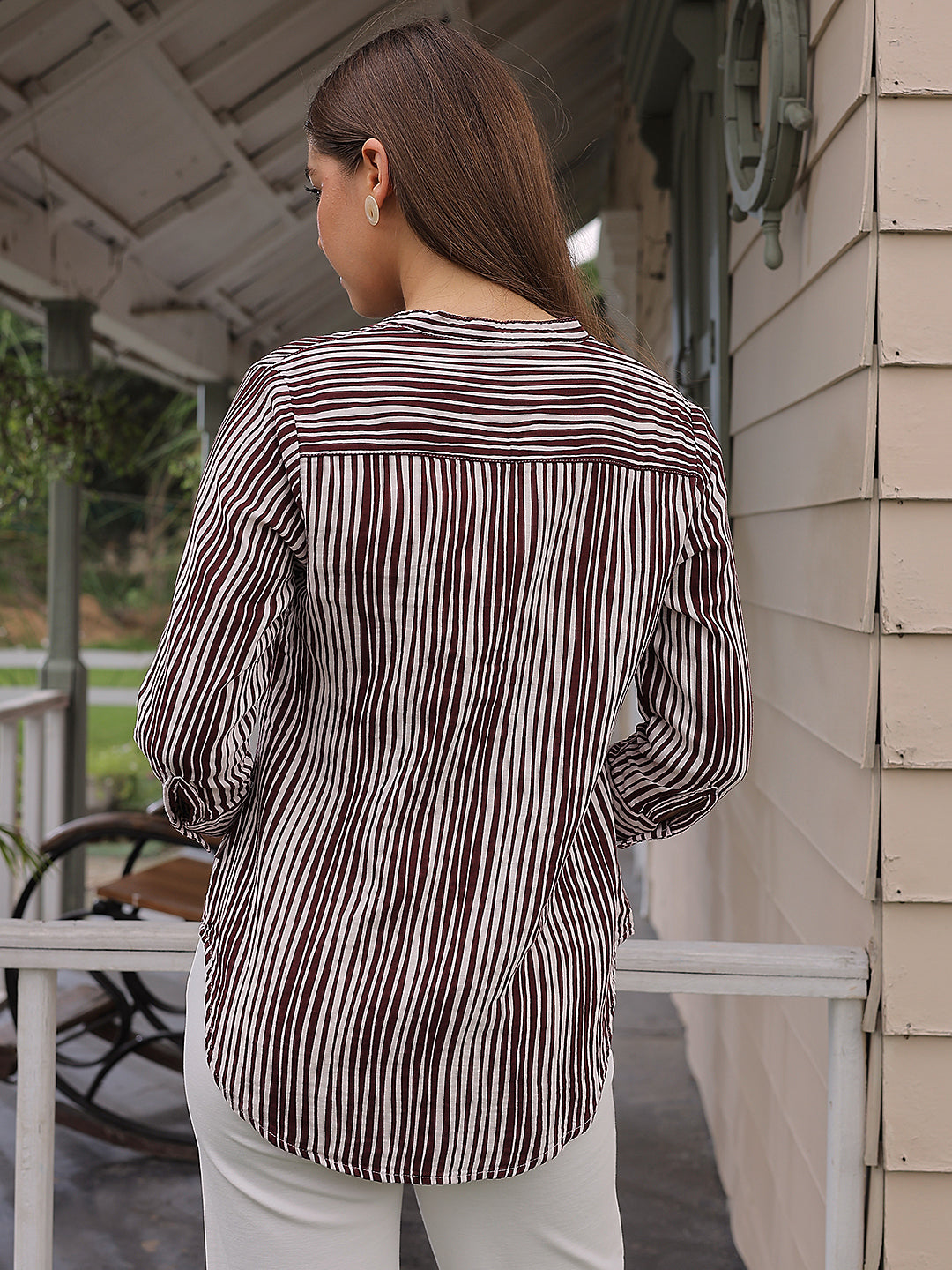 Maroon Vertical Striped 100% Cotton Shirt-Women Shirts-Crimsoune Club