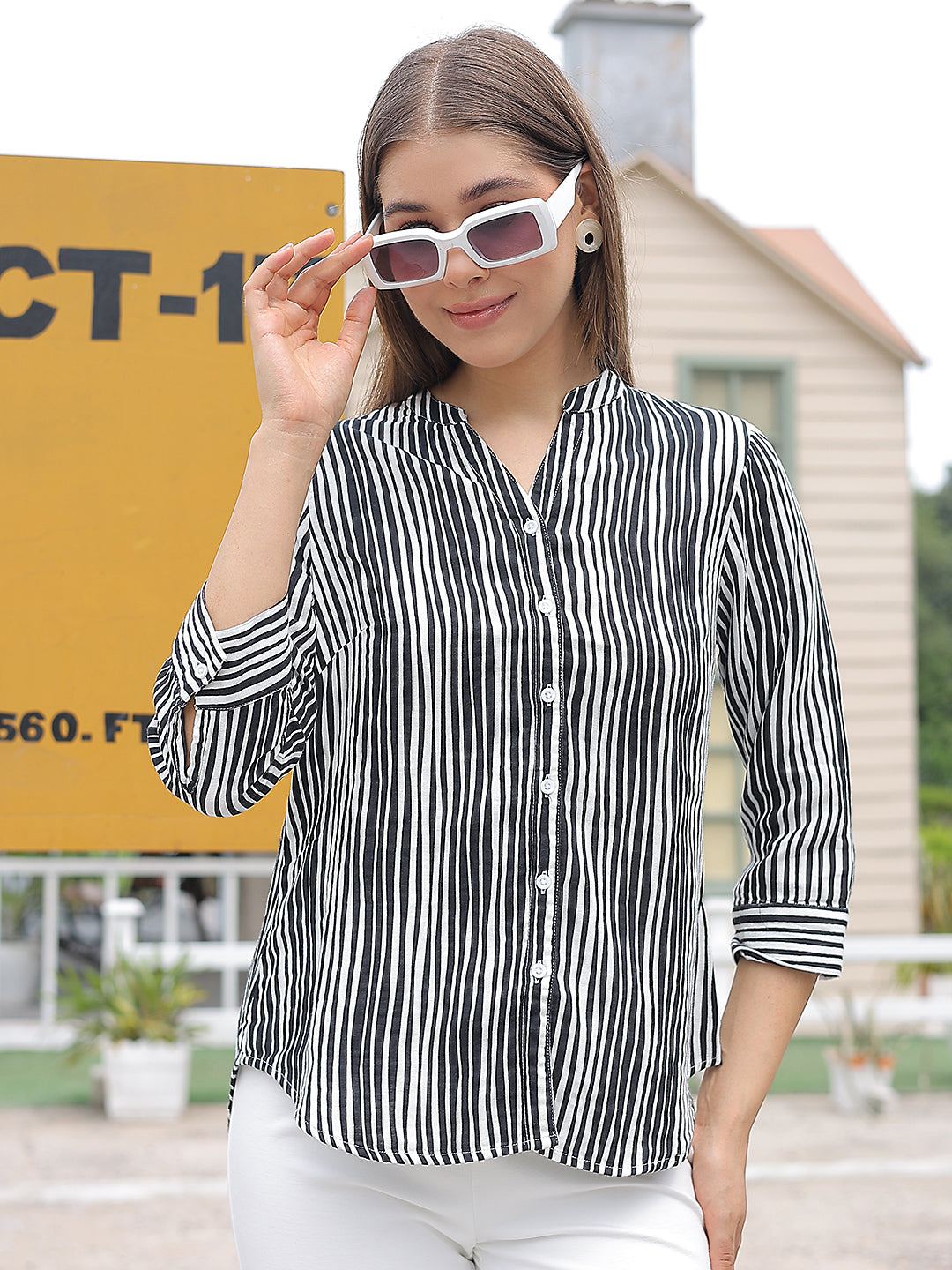 Black Vertical Striped 100% Cotton Shirt-Women Shirts-Crimsoune Club