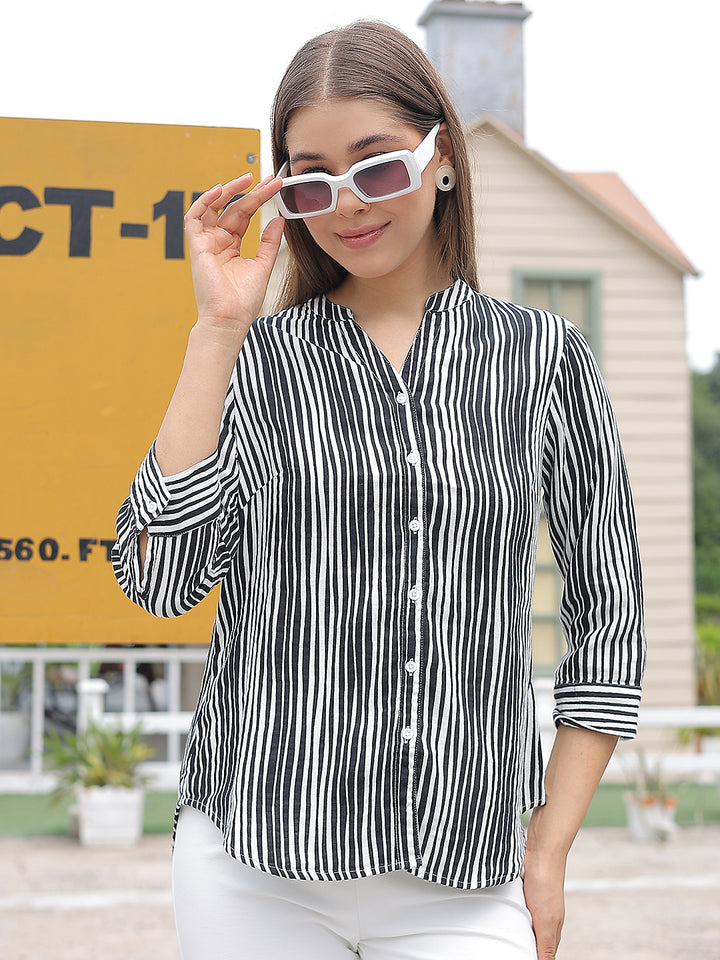 Black Vertical Striped 100% Cotton Shirt-Women Shirts-Crimsoune Club