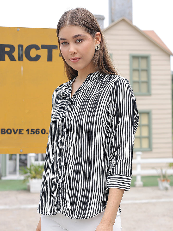 Black Vertical Striped 100% Cotton Shirt-Women Shirts-Crimsoune Club