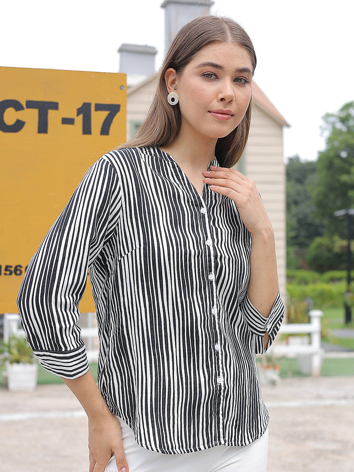 Black Vertical Striped 100% Cotton Shirt-Women Shirts-Crimsoune Club