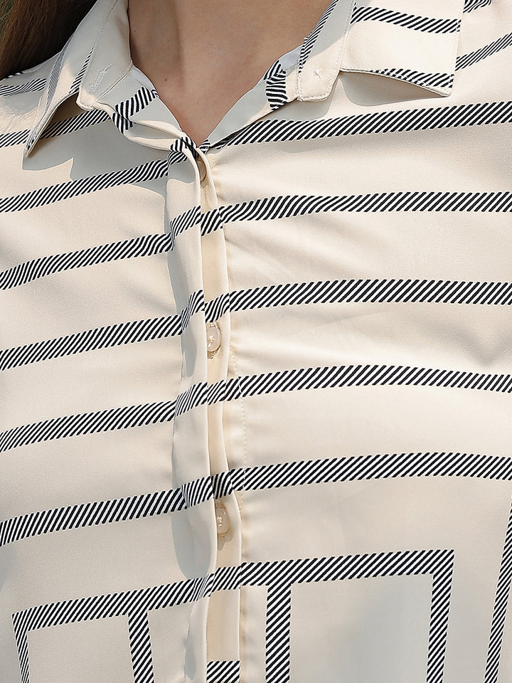 Beige Printed V-Neck Shirt-Women Shirts-Crimsoune Club