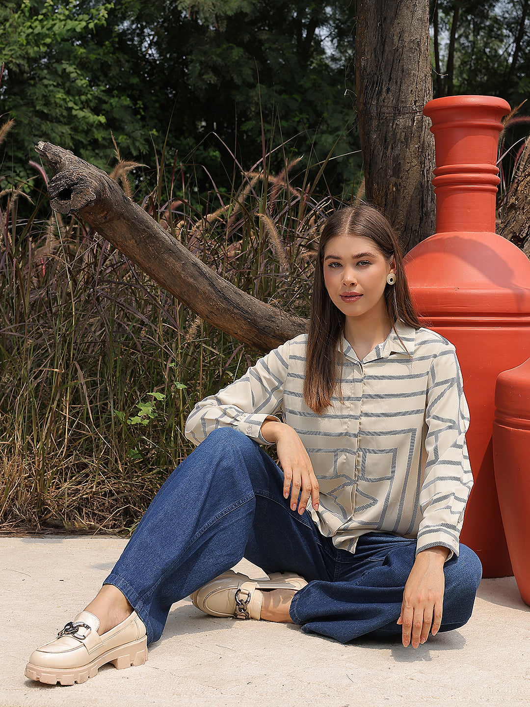 Beige Printed V-Neck Shirt-Women Shirts-Crimsoune Club