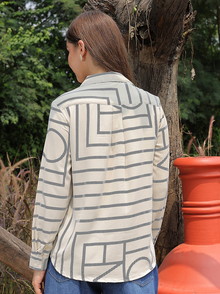 Beige Printed V-Neck Shirt-Women Shirts-Crimsoune Club