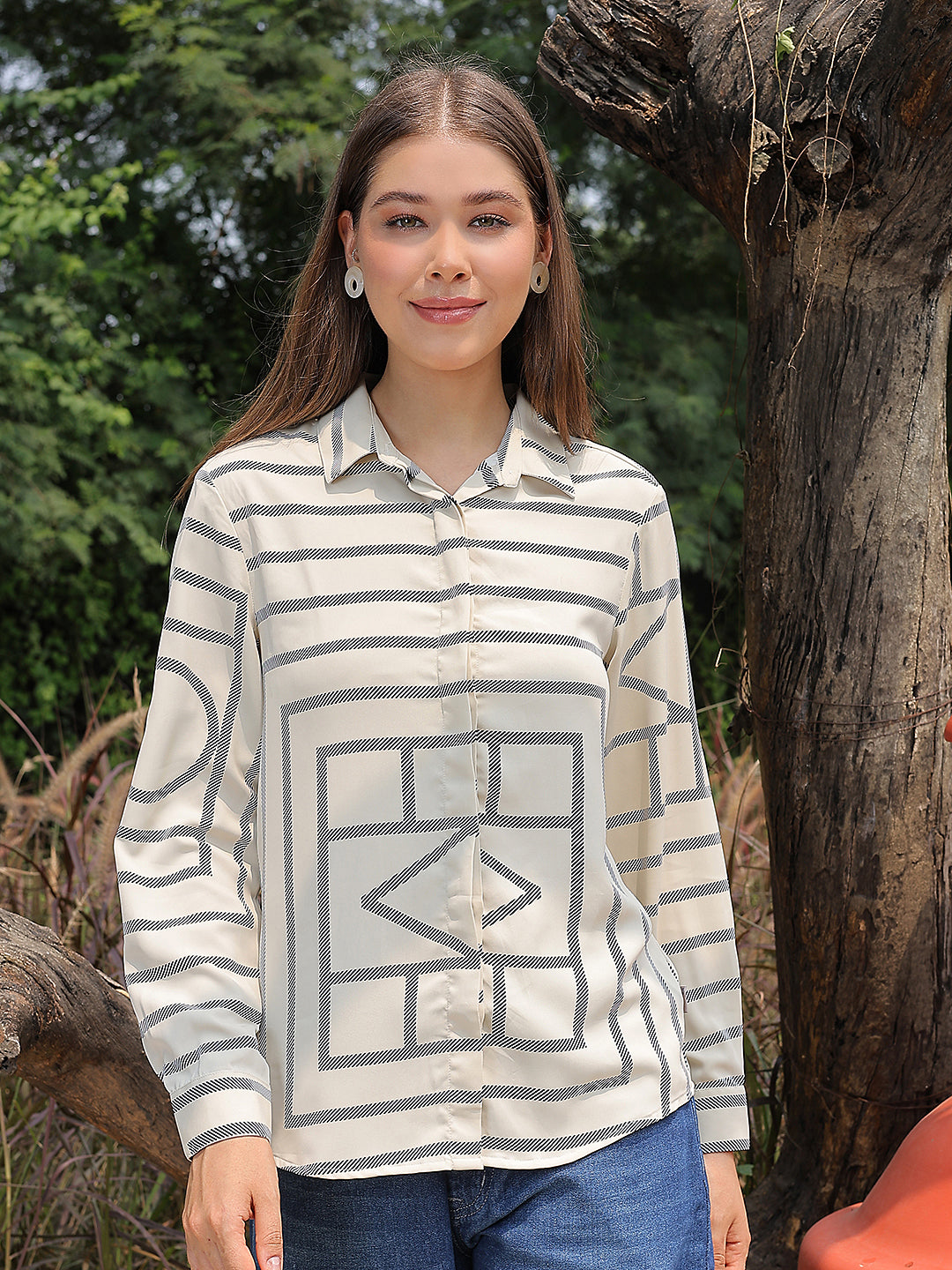 Beige Printed V-Neck Shirt-Women Shirts-Crimsoune Club