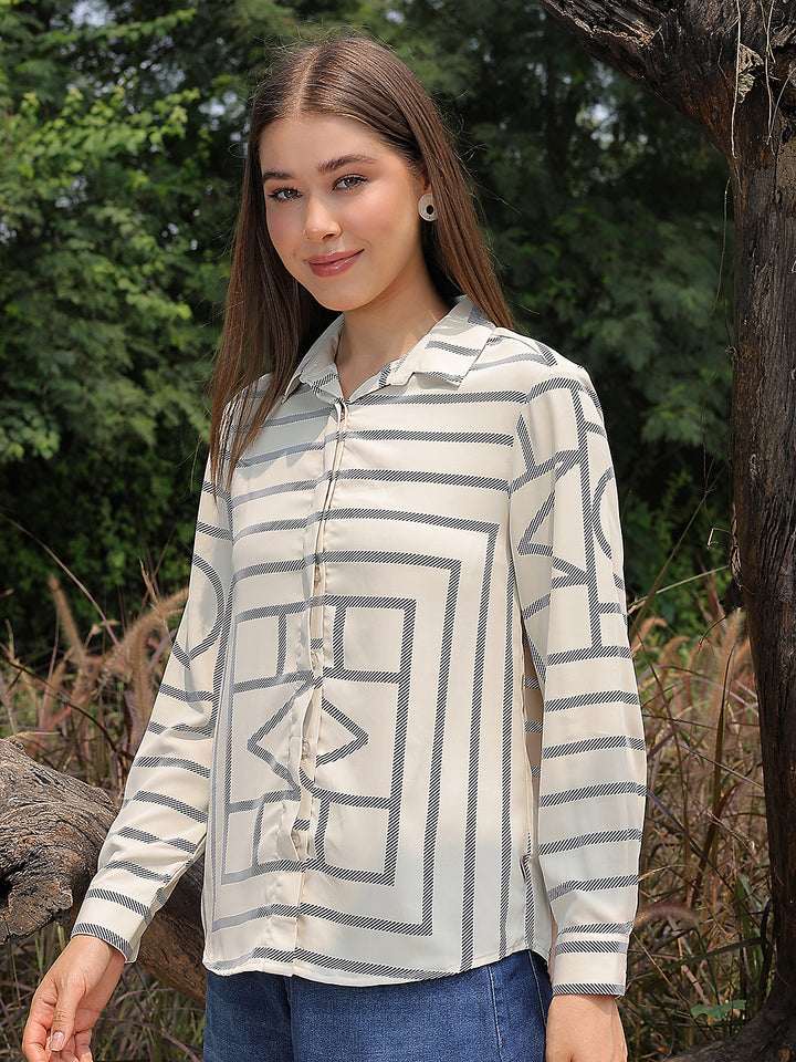 Beige Printed V-Neck Shirt-Women Shirts-Crimsoune Club