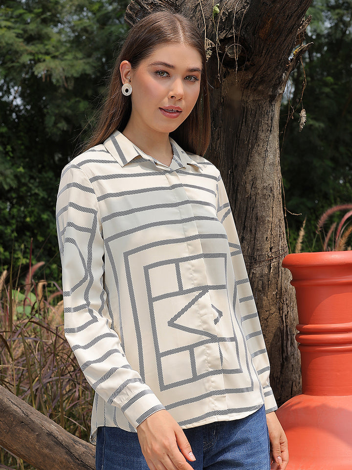 Beige Printed V-Neck Shirt-Women Shirts-Crimsoune Club