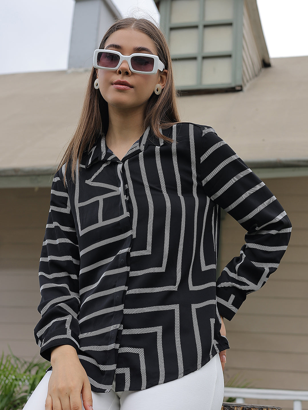 Black Printed V-Neck Shirt-Women Shirts-Crimsoune Club