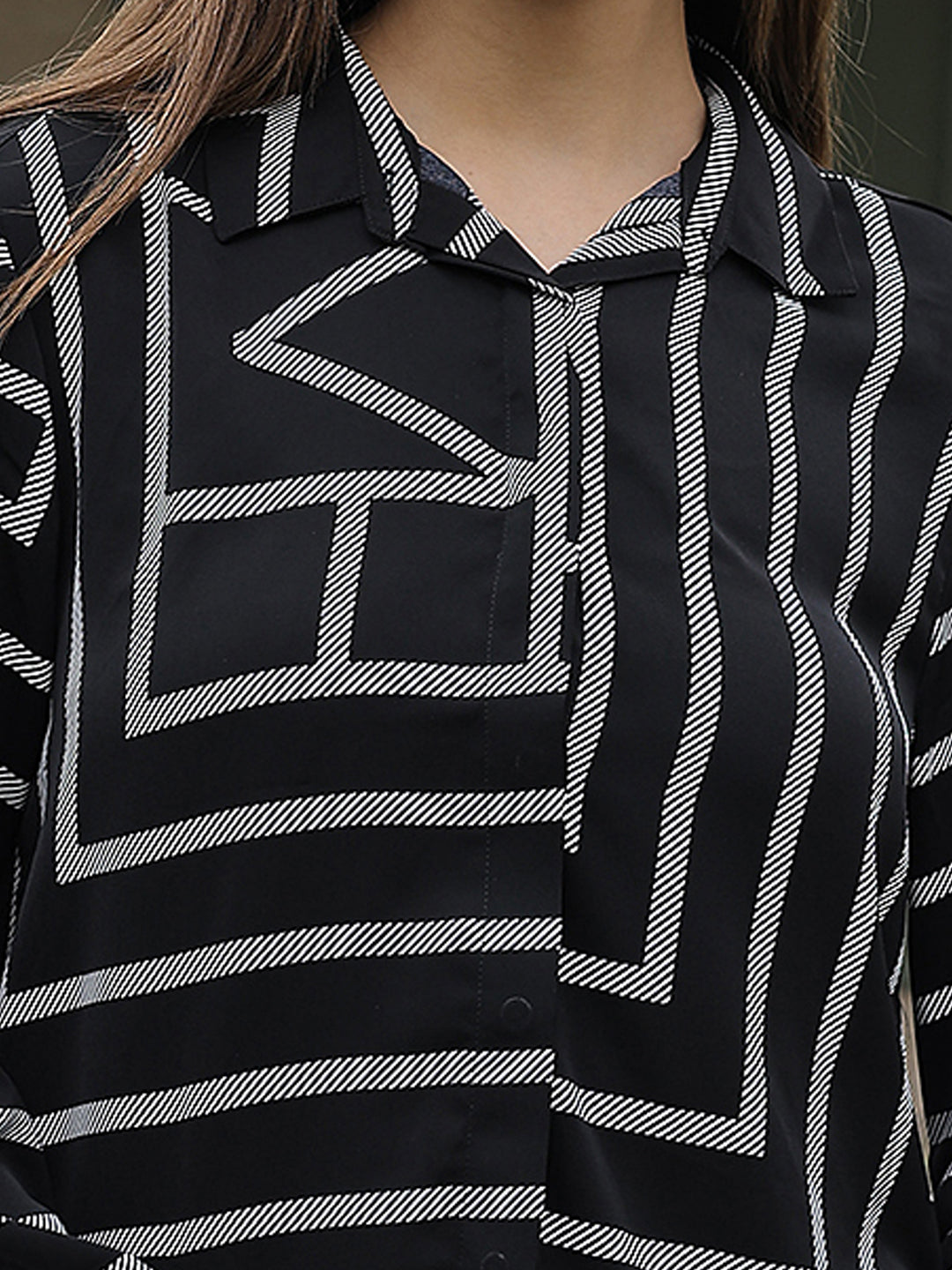 Black Printed V-Neck Shirt-Women Shirts-Crimsoune Club