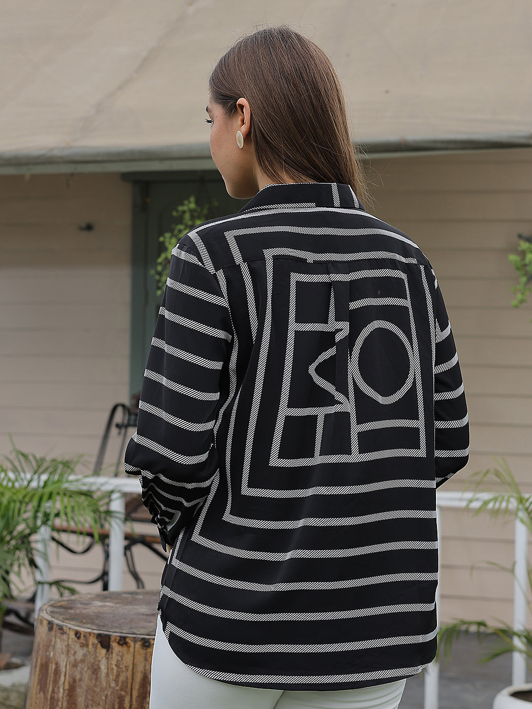 Black Printed V-Neck Shirt-Women Shirts-Crimsoune Club