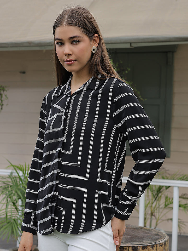 Black Printed V-Neck Shirt-Women Shirts-Crimsoune Club