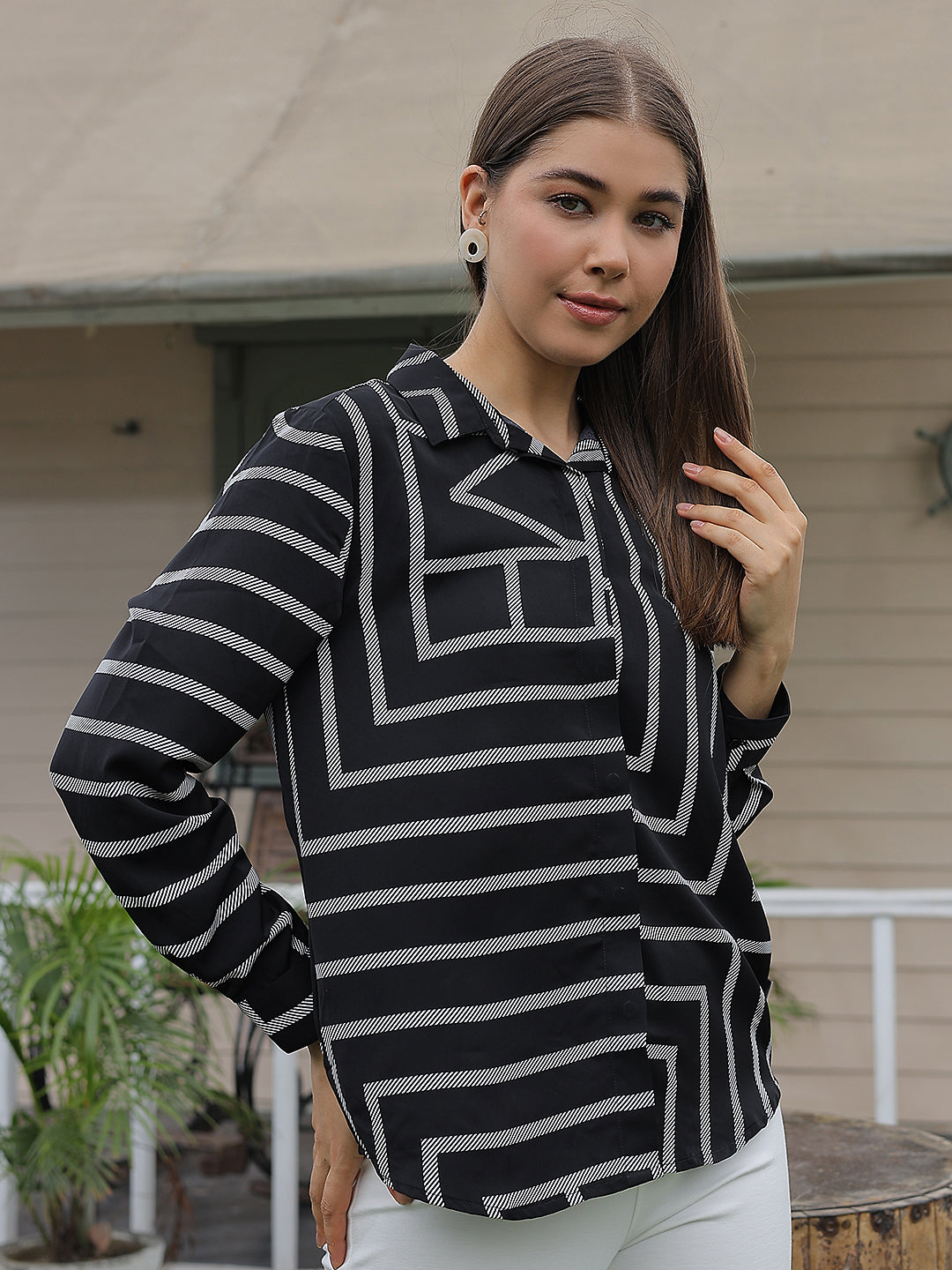 Black Printed V-Neck Shirt-Women Shirts-Crimsoune Club