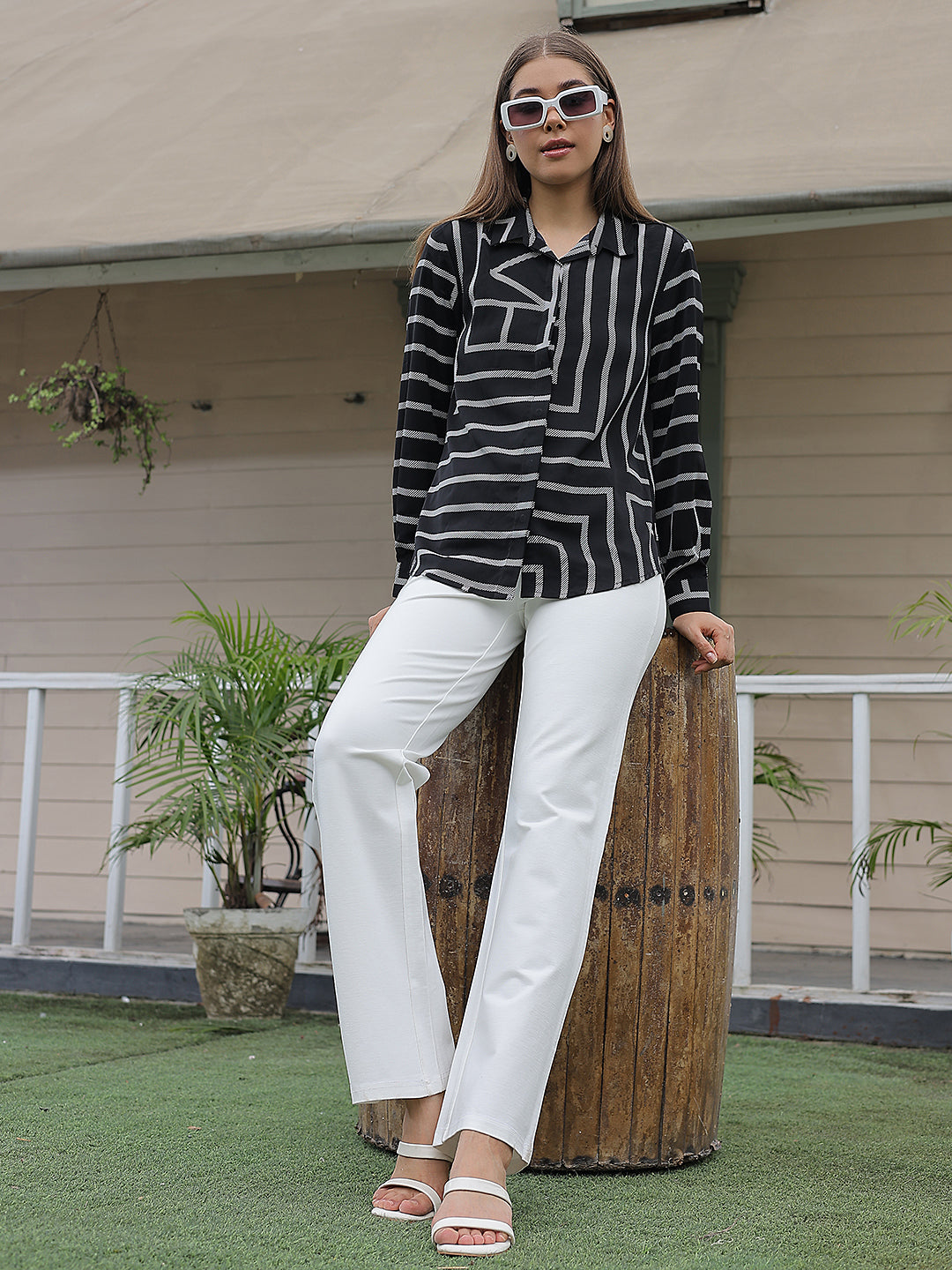 Black Printed V-Neck Shirt-Women Shirts-Crimsoune Club