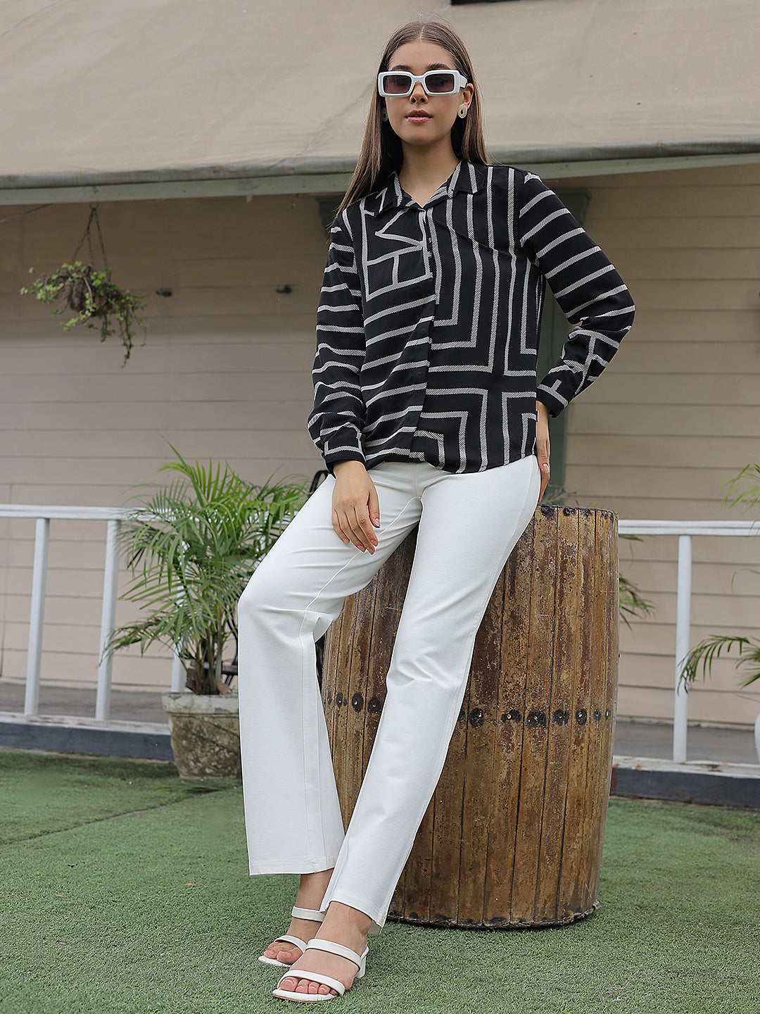 Black Printed V-Neck Shirt-Women Shirts-Crimsoune Club