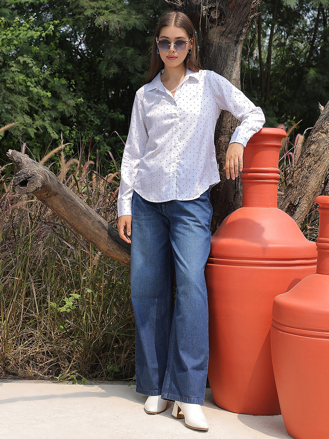 White Polka Dots Modal Shirt-Women Shirts-Crimsoune Club