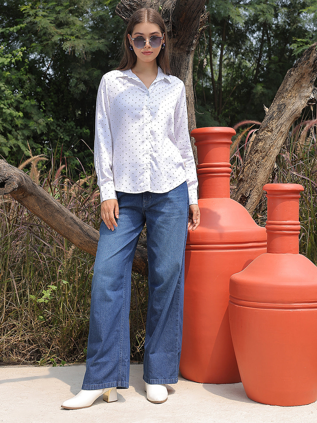 White Polka Dots Modal Shirt-Women Shirts-Crimsoune Club