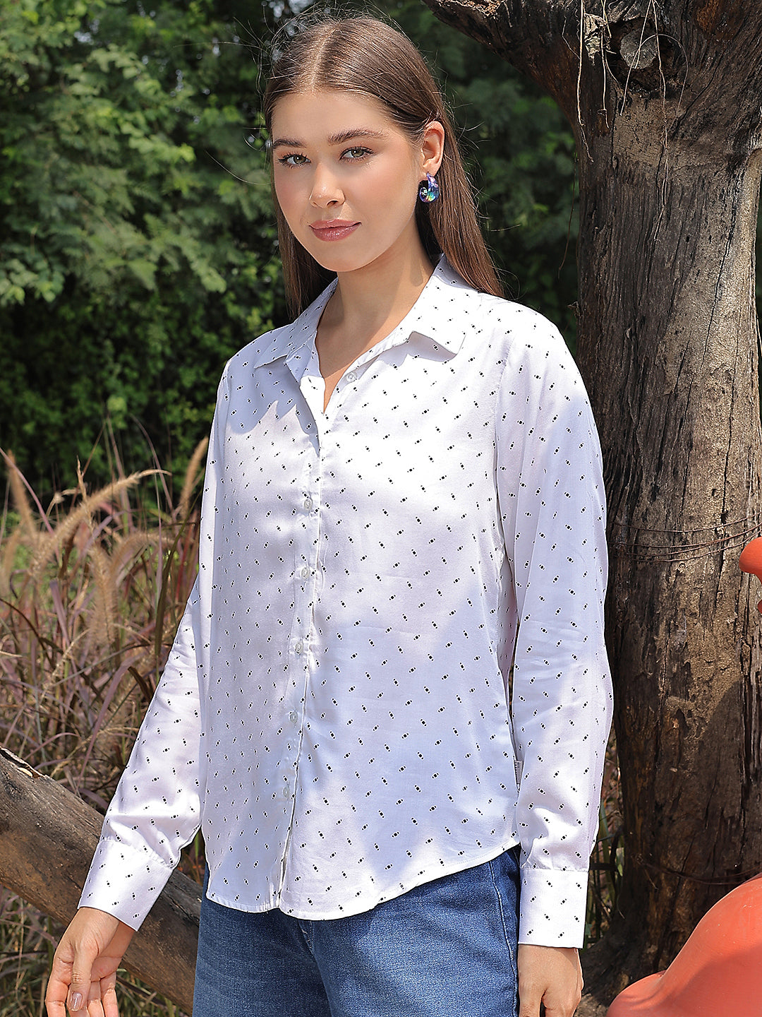 White Polka Dots Modal Shirt-Women Shirts-Crimsoune Club