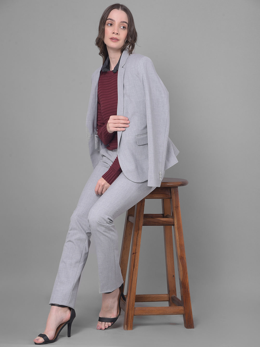 Grey Single Breasted Blazer-Women Blazers-Crimsoune Club