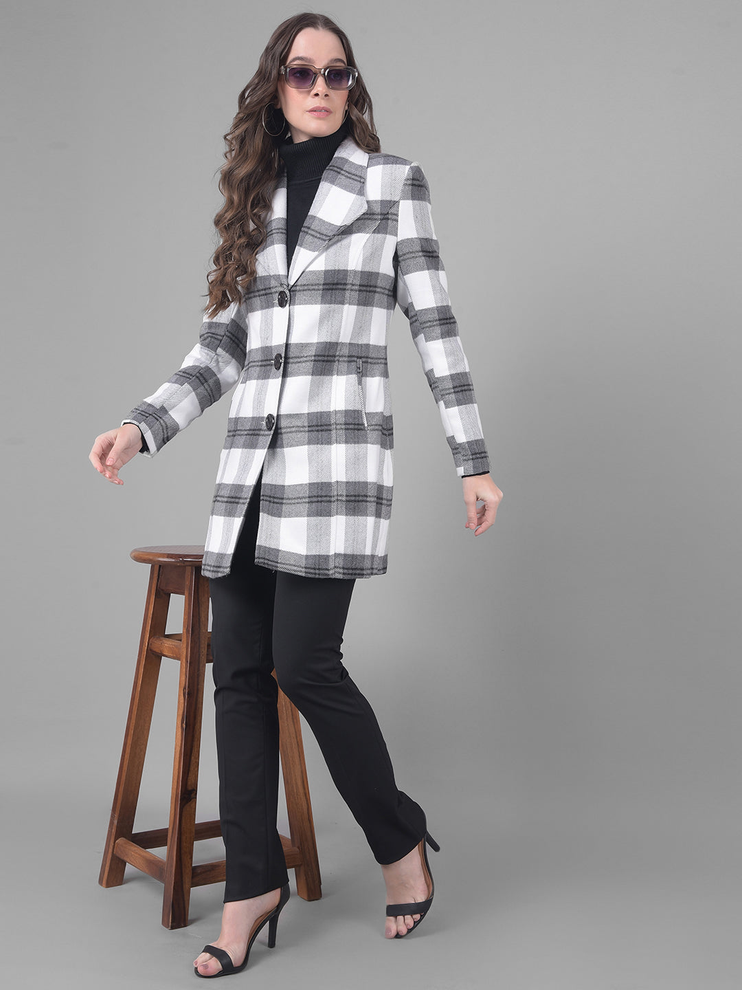 Black Checked Single Breasted Coat-Women Coats-Crimsoune Club