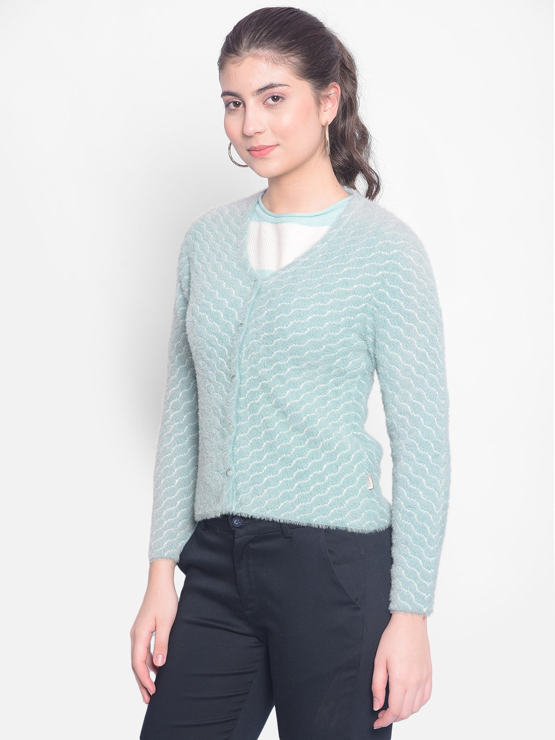 Mint Green Printed Cardigan-Women Sweaters-Crimsoune Club