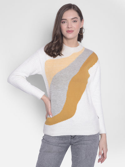 White Printed Round Neck Sweaters-Women Sweaters-Crimsoune Club