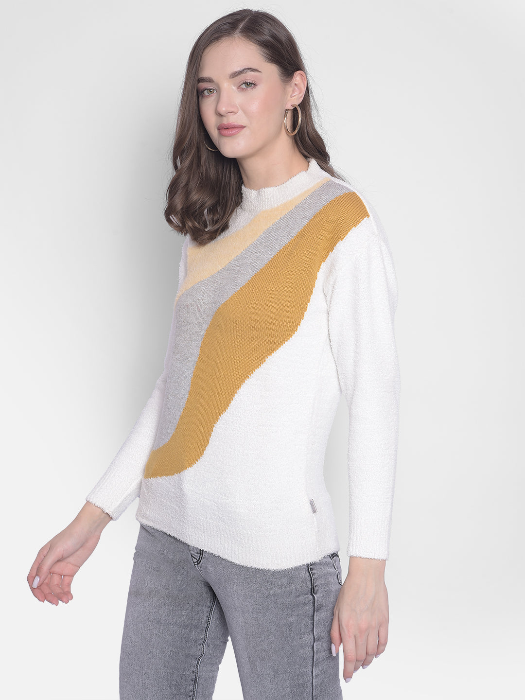 White Printed Round Neck Sweaters-Women Sweaters-Crimsoune Club