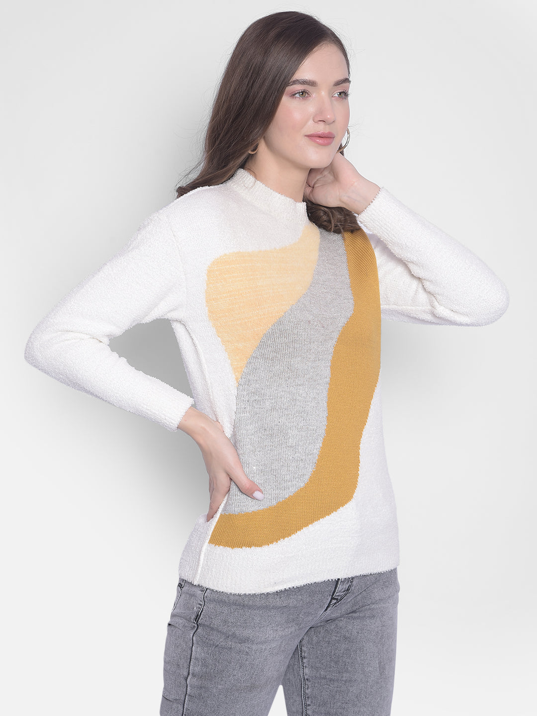 White Printed Round Neck Sweaters-Women Sweaters-Crimsoune Club