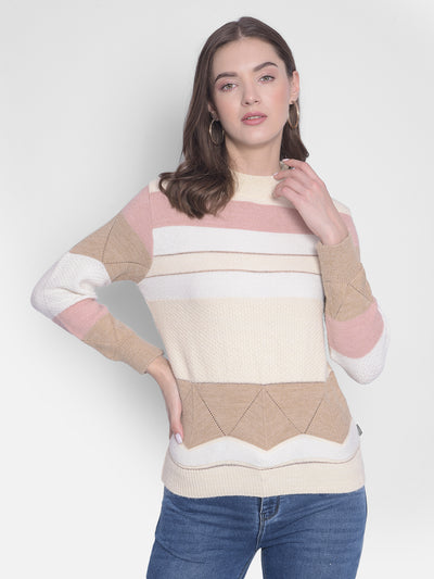 White Striped High Neck Sweaters-Women Sweaters-Crimsoune Club