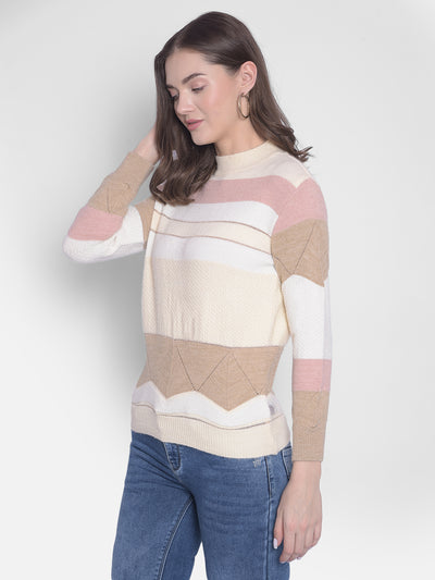 White Striped High Neck Sweaters-Women Sweaters-Crimsoune Club