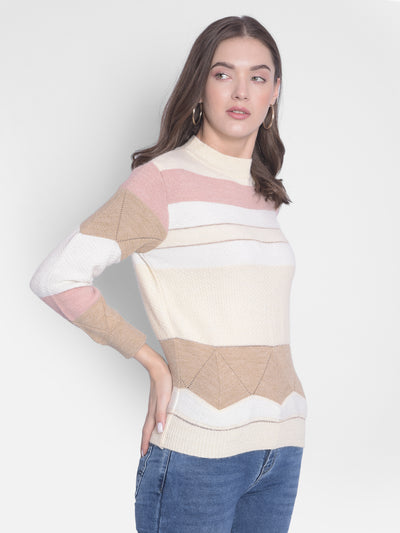 White Striped High Neck Sweaters-Women Sweaters-Crimsoune Club
