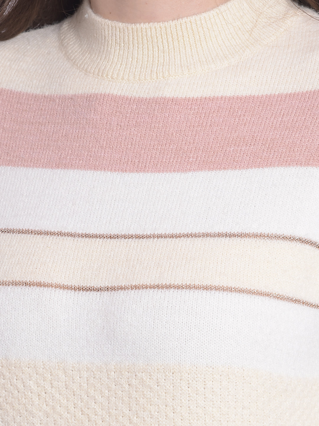 White Striped High Neck Sweaters-Women Sweaters-Crimsoune Club