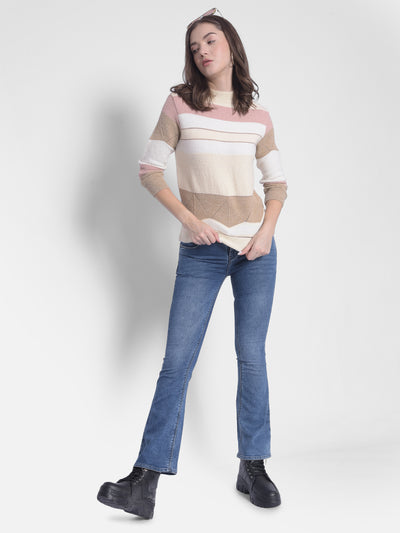 White Striped High Neck Sweaters-Women Sweaters-Crimsoune Club