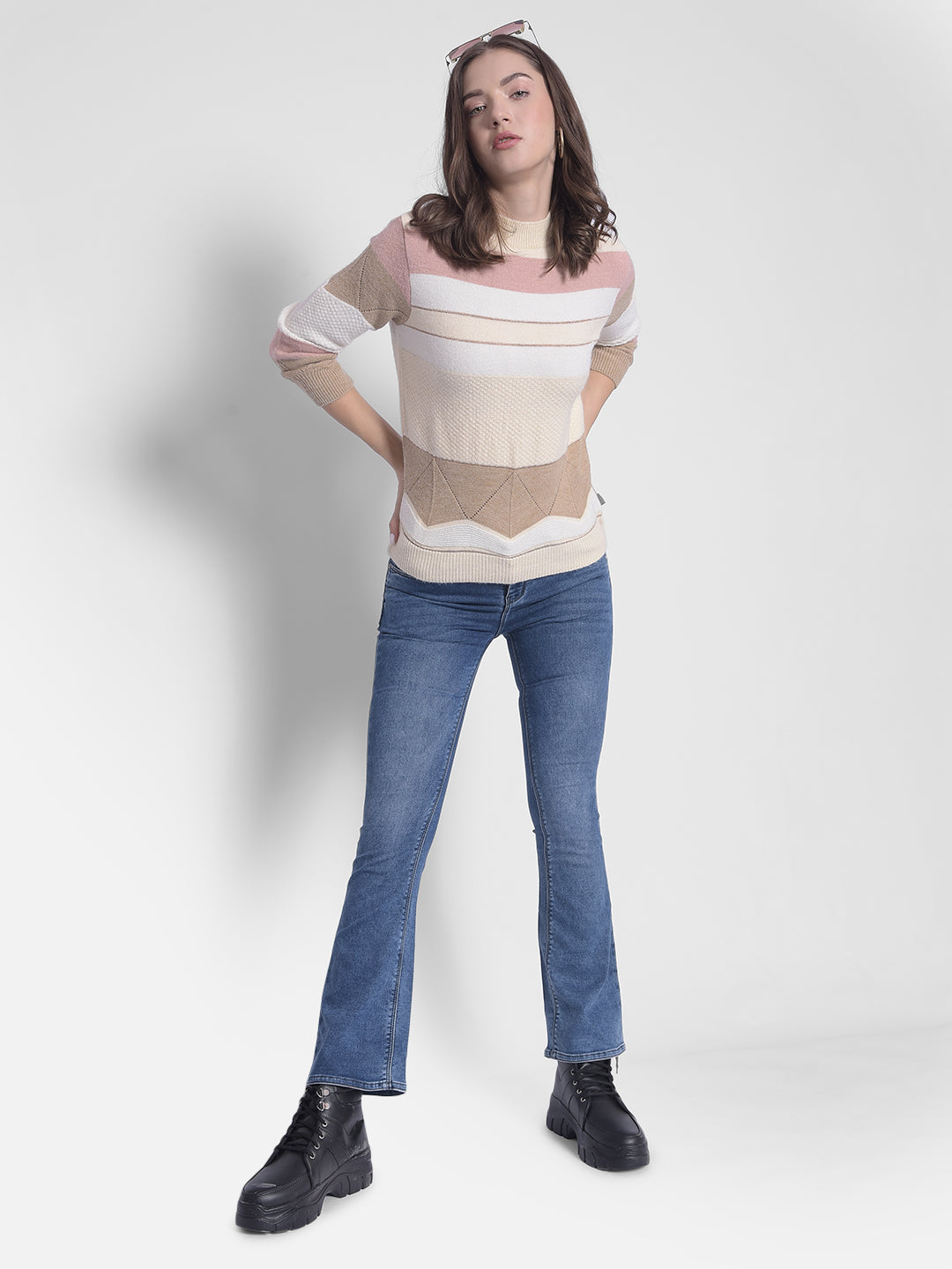 White Striped High Neck Sweaters-Women Sweaters-Crimsoune Club