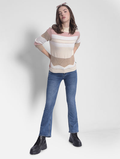 White Striped High Neck Sweaters-Women Sweaters-Crimsoune Club